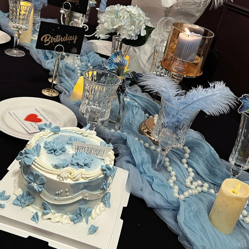 酒店餐厅氛围装饰高级轻奢蓝色褶皱餐桌布生日派对婚庆宴会网纱布