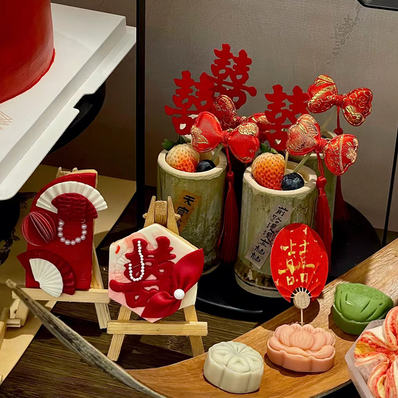 订婚蛋糕装饰中式甜品贴纸推推乐蝴蝶结丝带古风木质屏风慕斯插件