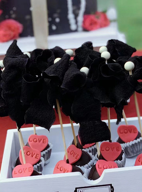 棒棒糖棍子褶皱蝴蝶结丝带黑色婚礼甜品台wedding慕斯杯贴纸装饰