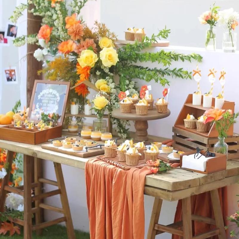 中秋节户外婚礼甜品台装饰氛围感布置桌布桌旗生日派对网纱布幔