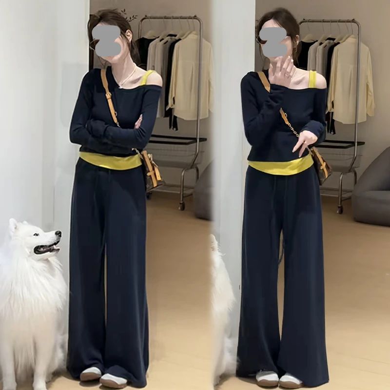 纯棉2025早秋季新款韩版时尚气质百搭显瘦长袖漏肩阔腿裤两件套女
