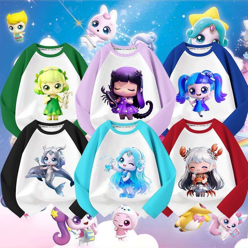 奇妙萌可女童长袖2026新款春秋100%纯棉t恤儿童插肩洋气拼接上衣