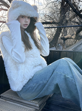 小熊耳朵皮毛一体马甲连帽毛毛皮草外套女新款仿羊羔毛绒马夹坎肩