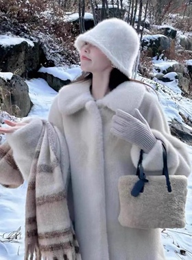 小白熊皮草外套女中长款宽松翻领环保貂毛加厚毛绒大衣秋冬慵懒风
