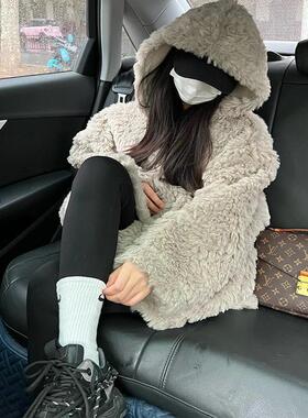 秋冬季新款韩版宽松皮草外套女羊羔毛绒皮毛一体慵懒风连帽大衣