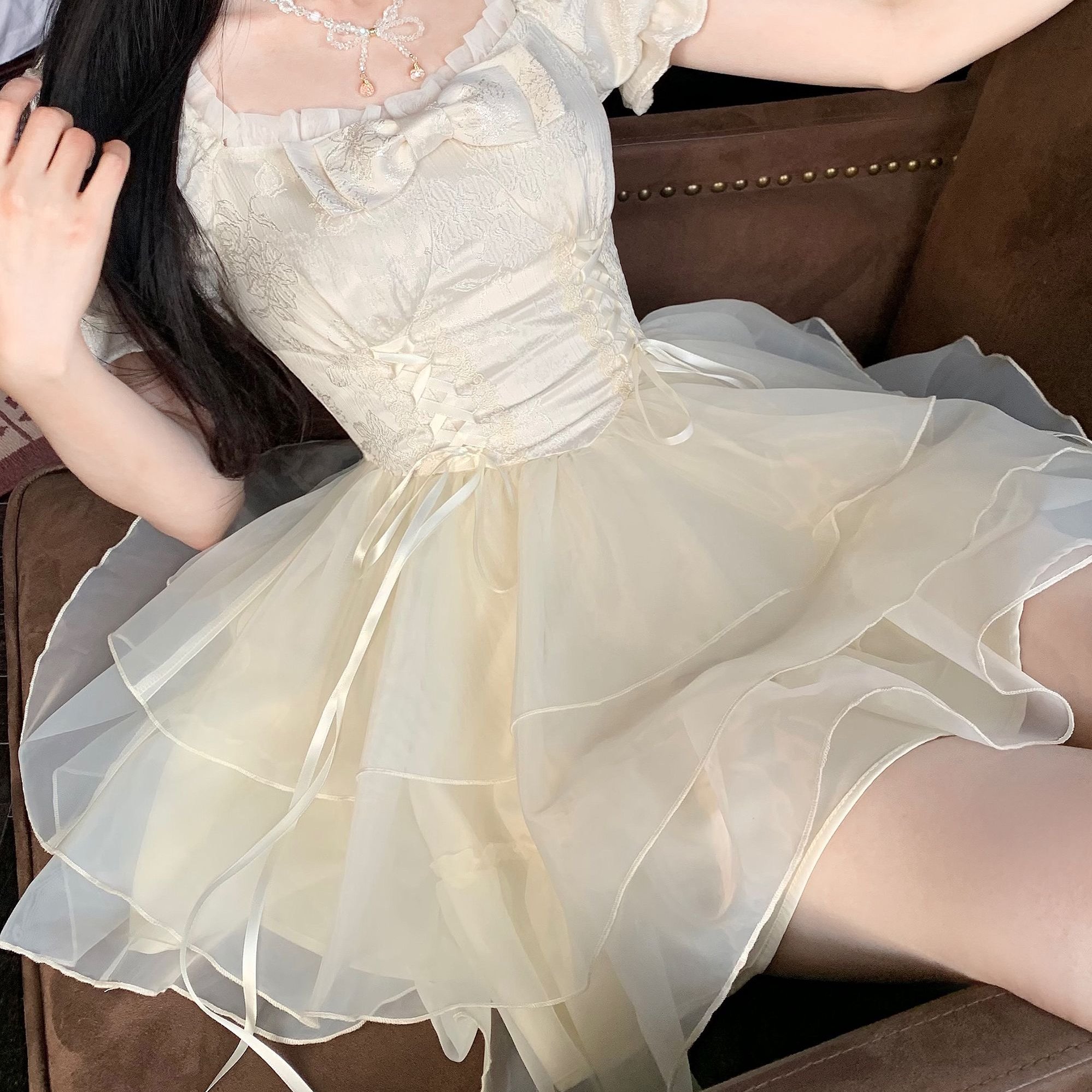 Blovelan清风铃兰甜美公主风蝴蝶结欧根纱短款连衣裙蓬蓬裙女春夏