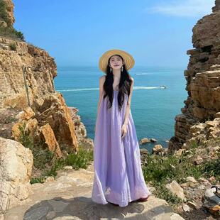 马尔代夫海边度假风紫色吊带连衣裙女夏季性感露背宽松显瘦长裙子