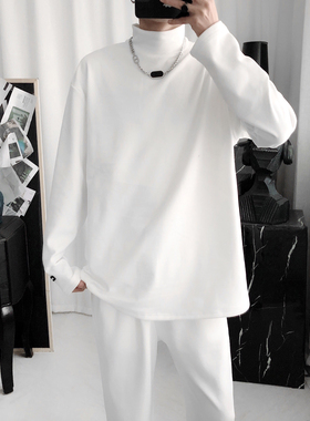 MRFUDE春秋半高领打底衫男宽松白色保暖秋衣内搭双面德绒长袖t恤