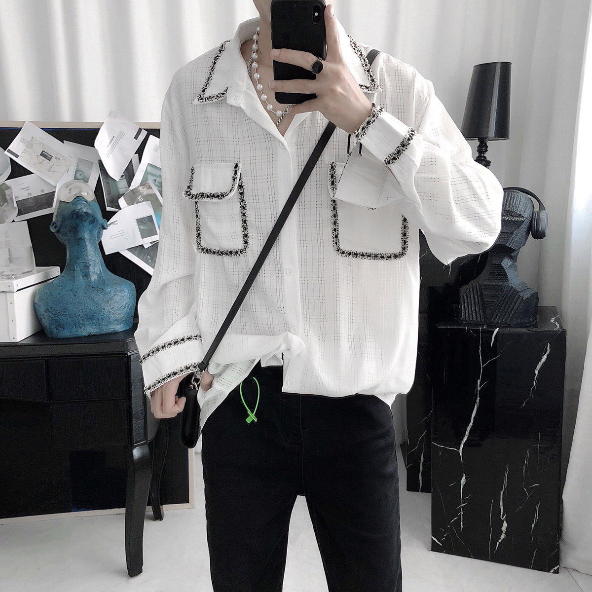 复得先生香风拼边衬衫男潮流气质设计感秋季新款休闲网红长袖衬衣