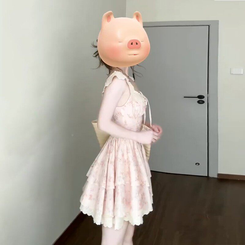 法式C3L52148粉色碎花花连衣裙腰子女夏2026新款小个子蕾丝边掐蓬