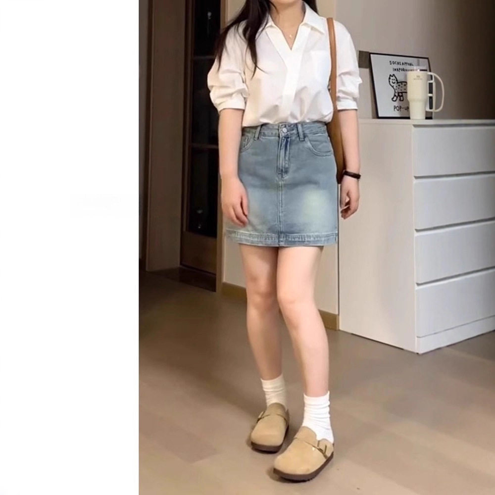 大码胖mm蓝色牛仔短裙女2025夏季新款复古a字高腰梨形身材半身裙