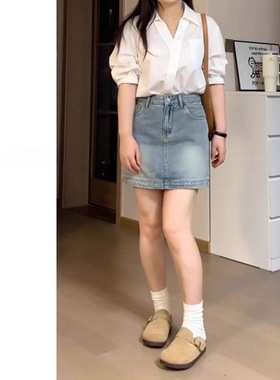 大码胖mm蓝色牛仔短裙女2025夏季新款复古a字高腰梨形身材半身裙
