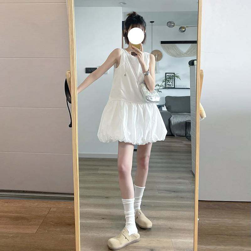 小连个子白色袖背心无衣裙子女夏季205ltao7929新款设计感小众花