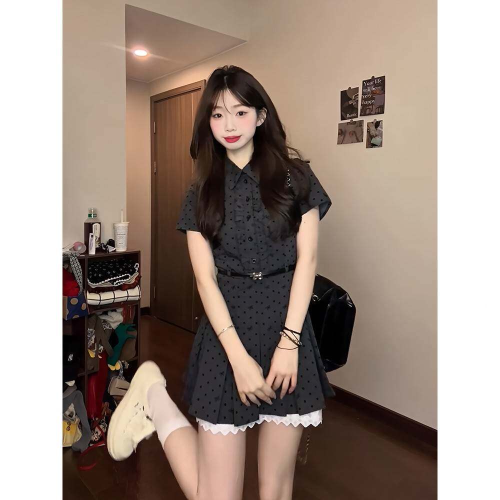韩系复古衣假978978两件波点短袖连春裙女季学院穿搭收风腰显瘦a
