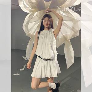 裙宋正恩白挂色脖连衣裙袖女夏季辣妹AAS8215设计感高级感法式无