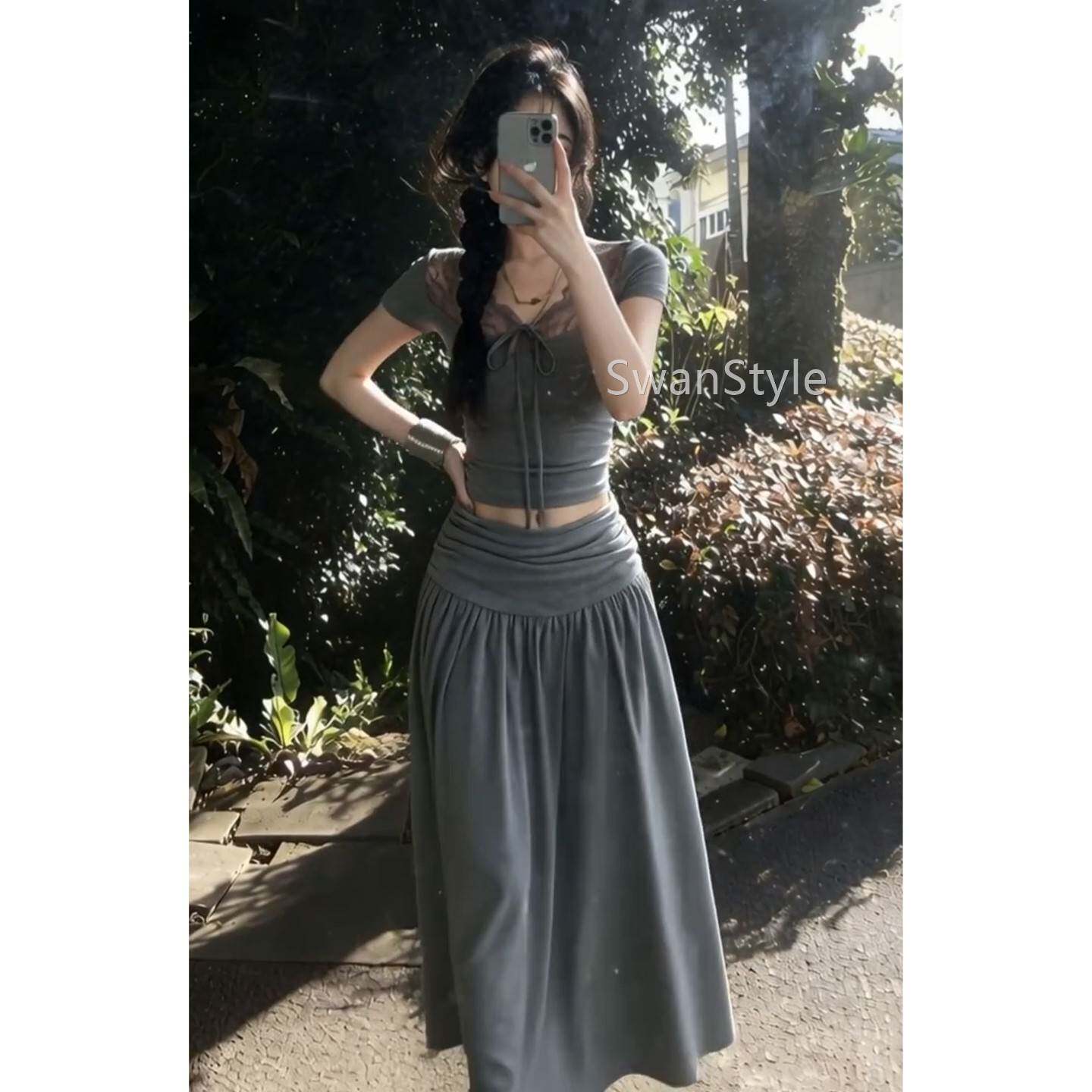 巨好看灰色蕾丝拼接衣子女夏季226新C4B63616款爆款韩裙连系穿搭