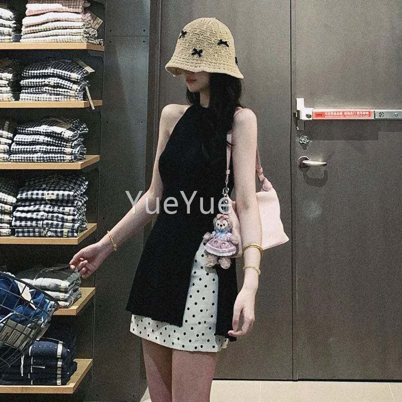 法挂式黑色脖吊带连裙子夏季衣2025女新款小个子波点包臀C5N42681