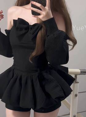iqc气辣球熊早春外套妹套装q抹胸连裙女收衣腰一字502肩黑色蓬蓬