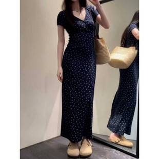 欲V领碎花短纯袖 大码 连衣收裙春夏微胖mm梨形身材腰显瘦UZJ长裙女