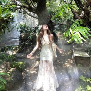 纯欲尾气质收腰蕾丝拼接鱼裙花 重SHL工立体朵网纱吊带连衣女夏季