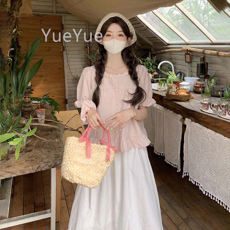 粉衫色短袖上衣女2025新款多巴穿搭套装DLJ2123法夏式娃娃棉麻胺
