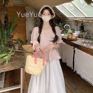 多巴穿搭套装 粉衫 色短袖 上衣女2025新款 娃娃棉麻胺 DLJ2123法夏式