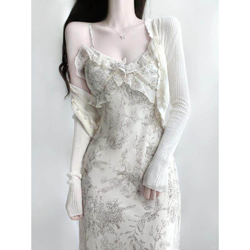 2025新款法式高级感小个子雪纺长裙碎花吊带连衣裙两件套装女夏