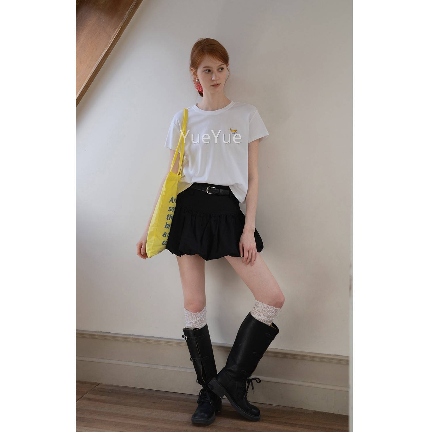 EGGKA高腰E25B3712字花苞A半身裙配腰带气女夏新款韩显系质瘦蓬蓬