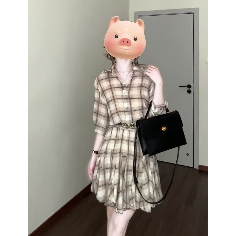 法气翻领长格ZXK-9858子质衬衫连衣裙女春夏新袖款设计感宽松式别