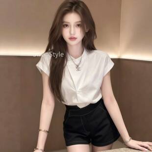 白女色袖衬衫女款20YQM2026026新短款夏季士不规则法式小资漂上衣