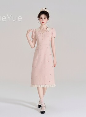 小香风粉v领短袖连衣裙女夏季高52PDA437级丝感花边法式色小个子