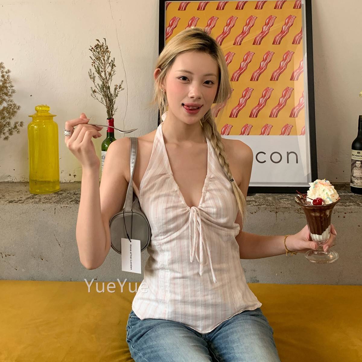 uoio 粉雾海背 粉色v领8挂脖心女夏季2025新款美K5034917背无i袖