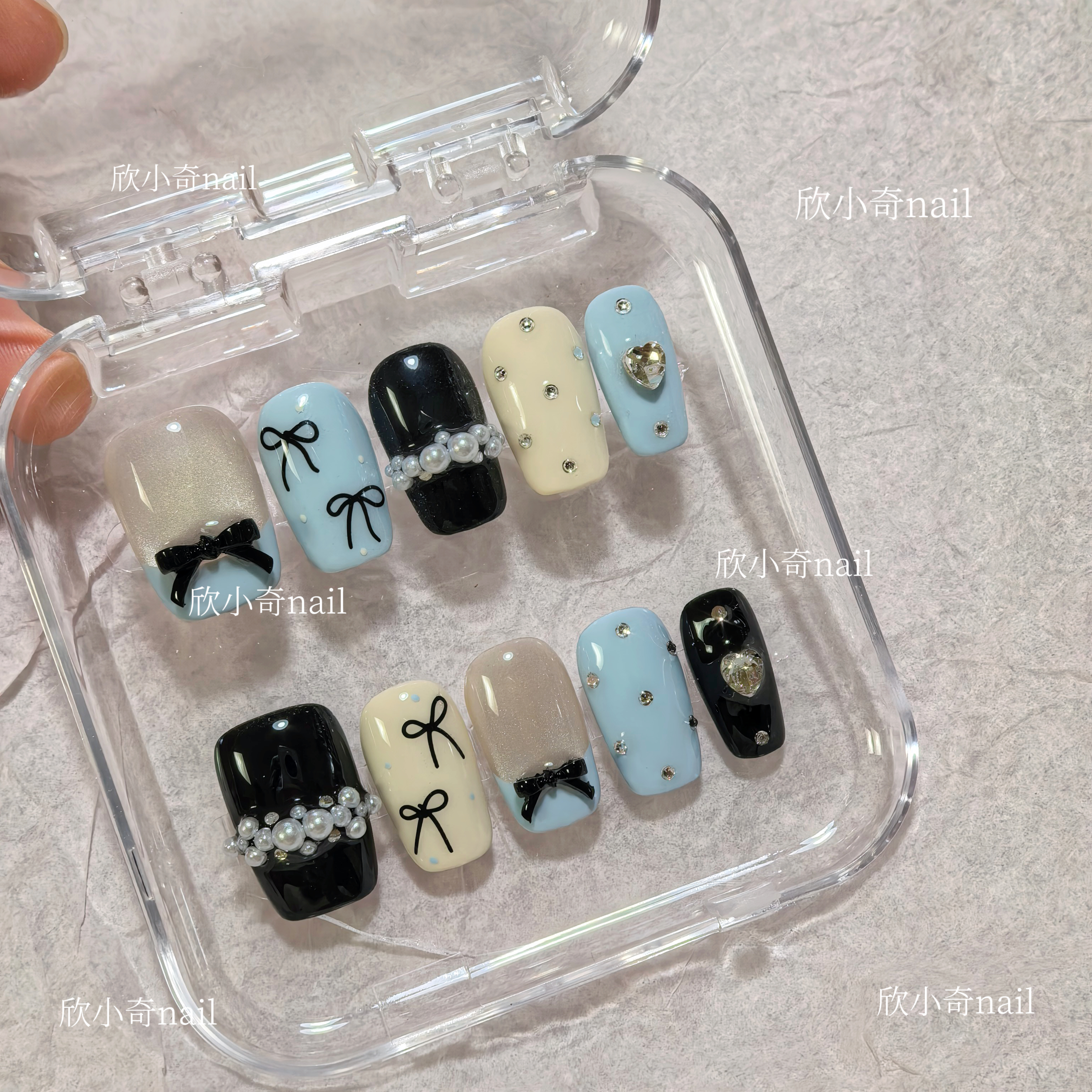 中方实拍手工立体珍珠蝴蝶结蓝色ins猫眼穿戴甲美甲日常学生上班