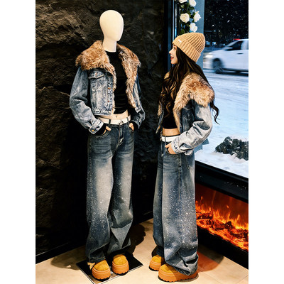 满天星烫钻加绒阔腿牛仔裤女冬季新款高级感宽松垂感直筒拖地裤子