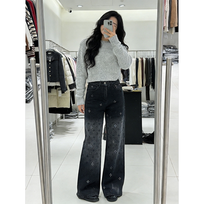 满天星黑色加绒阔腿牛仔裤女秋冬新款宽松显瘦时尚百搭直筒长裤