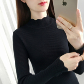 女春秋新款 薄款 黑色针织衫 内搭修身 毛衣 中领上衣长袖 半高领打底衫