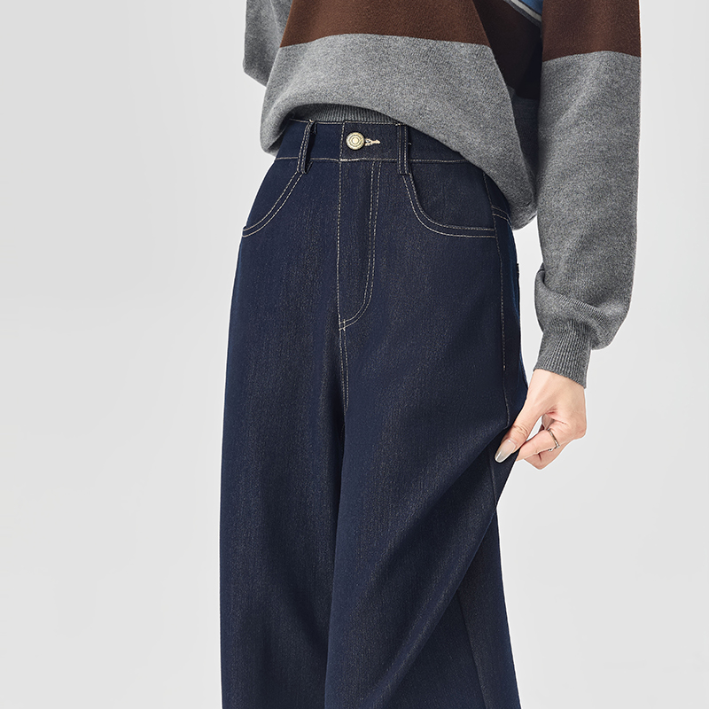 深蓝色阔腿牛仔裤女秋季垂感直筒
