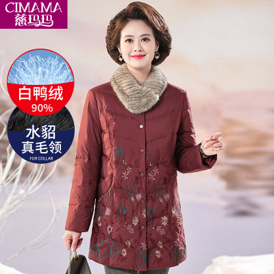妈妈冬装白鸭羽绒服中长款女50岁60中老年人冬季仿水貂真毛领外套