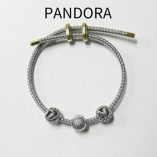 PANDORA潘多拉银色编织绳手链三颗珠子设计感串珠手饰