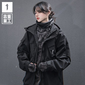 吉业重工国潮户外多口袋冲锋衣外套男女宽松休闲连帽夹克加厚棉服
