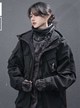 吉业重工国潮户外多口袋冲锋衣外套男女宽松休闲连帽夹克加厚棉服