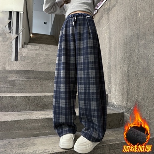 女童加绒裤子2025冬季新款中大童洋气加厚格子弯刀裤儿童阔腿裤潮