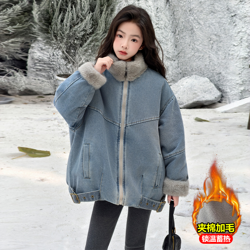 女童韩版牛仔派克服冬季2025新款儿童加绒加厚保暖外套初中生夹克