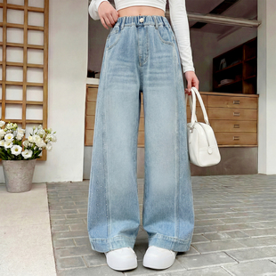 女童春秋裤子2026韩系侧边烫钻爆闪牛仔裤中大儿童镶钻直筒阔腿裤