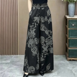 夏季新款中国风阔腿裤女高腰松紧腰宽松垂感中年妈妈装休闲长裤