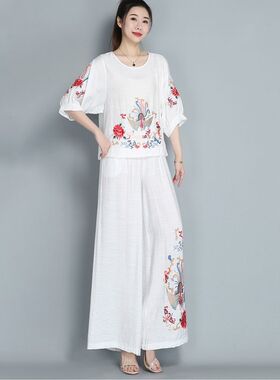 高级感白色重工刺绣套装夏季宽松显瘦中老年妈妈装气质国风两件套