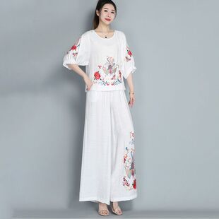 高级感重工刺绣套装七分袖春秋宽松显瘦阔腿裤妈妈气质国风两件套
