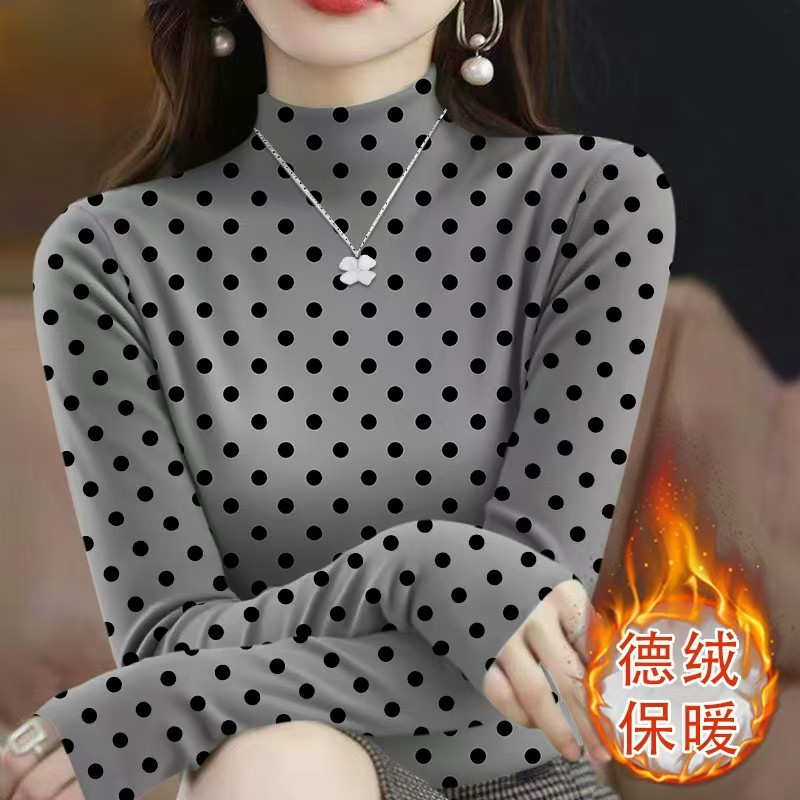 大码双面德绒半高领打底衫女秋冬季修身保暖妈妈波点上衣内搭外穿