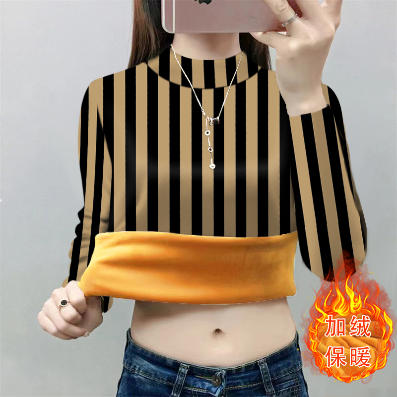 加绒女打底衫妈妈装冬季新款一体绒时尚印花长袖T恤女士保暖上衣