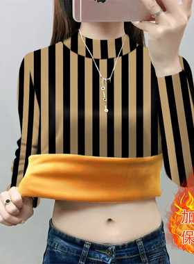 加绒女打底衫妈妈装冬季新款一体绒时尚印花长袖T恤女士保暖上衣